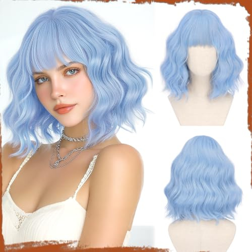 Sofeiyan Perücke Damen,30 cm Kurze Gewellte Bob Perücke mit Pony | Pastellblau Perücke Bob,Synthetische Perücke für Frauen Natürliche Lockige Perücken für Cosplay Alltag Party Halloween