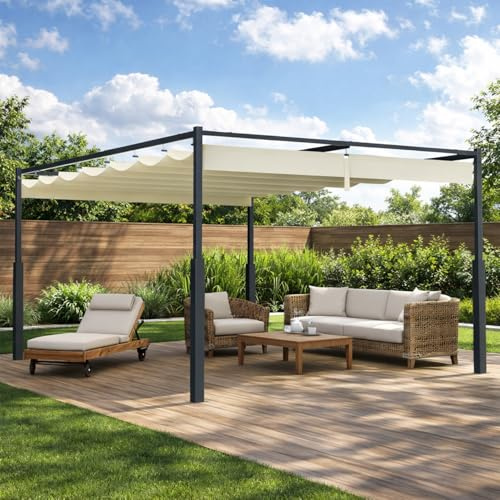 Peviasot 3 x 3 m pergola med magnetisk dyna, trädgårdspaviljong metall fristående, terrasstak med justerbart tak, UV-skydd 30+, stabil för terrass och trädgård, beige