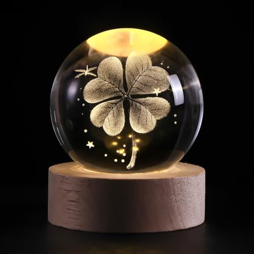 Litinliv Bola de Cristal 3D con Trébol 4 Hojas, Luz Nocturna LED con Base de Madera, Decoracion Casa y Adornos, Regalos Originales para Cumpleaños, Aniversario y San Valentín