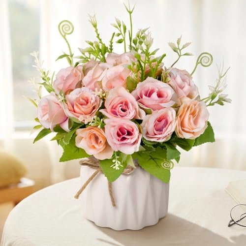 Mandarooker Fake Flowers with Vase,Pink Roses Artificial Flowers in Vase | Faux Flower Plant Arrangement,No Maintenance Faux Flower Arrangement, 6.3 Inch Realistic Table Decor for Home Office Wedding