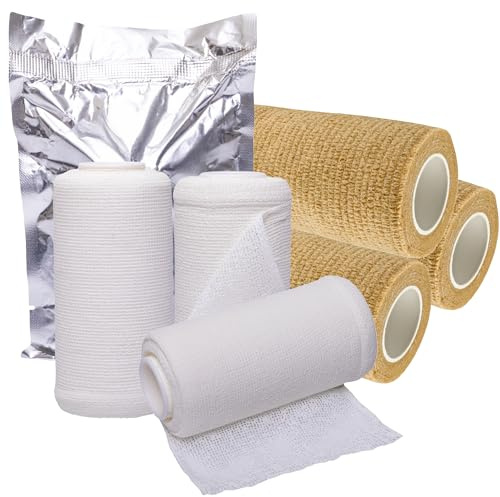 Vakly 4 Unna Boot Bandage Gauze Dressing with Zinc Oxide [4” x 10 Yards] Provides Customized Compression + Self Adhesive Cover Wrap (3 of Each) Individually Packaged