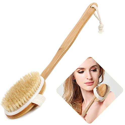 Bath Body Brush & Shower,Dry Skin Brushing with 100% Natural Boar Bristles & 16 inches Long Bamboo Detachable Handle,Back Scrubber for Exfoliates & Stimulates Blood Circulation-by Qlben