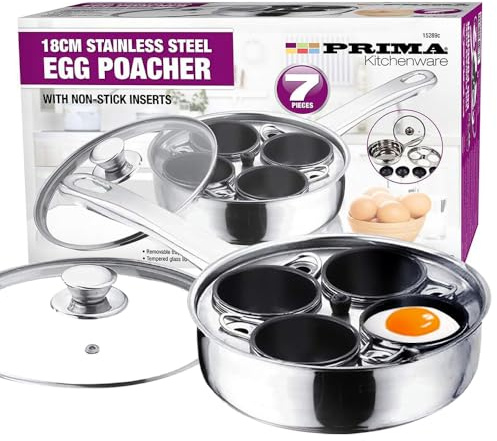 7Pc Stainless Steel Egg Poacher Pan - 4 Hole Cup, Poach Saucepan | Frying Pot With Glass Lid, Non Stick, See Through | Transparent Vented Glass Lid | Egg Maker, Cooker