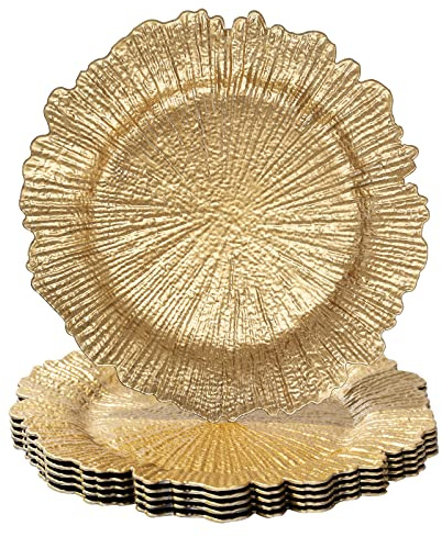 MAONAME Round 13 Gold Charger Plates, Set of 6, Reef Plate Chargers for Dinner Plates, Plastic Table Chargers for Wedding, Thanksgiving, Christmas