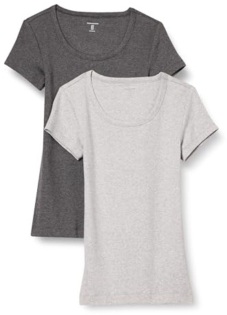 Amazon Essentials Women's T-shirt med smal passform med holkärm och rund hals, Pack of 2, Kolsvart ljung/Ljusgrå ljung, M