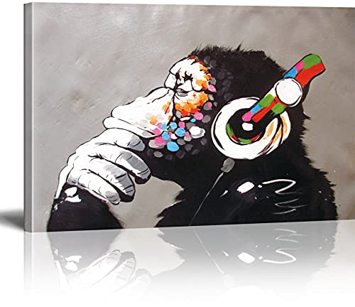 Banksy tavlor canvas DJ Monkey graffiti gatukonst canvastavla redo på kilram konsttryck vardagsrum väggdekoration dekoration XXL 50 x 90 cm