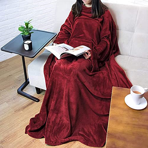 Sedefen Tragbare Kuscheldecke TV-Decke mit Ärmeln und Tasche,Antistatisch Multifunktions Flanell Flauschige Fleecedecke Ärmeldecke Lounge-Decke Sherpa Warme Winter Decken (Rot,170x200cm)