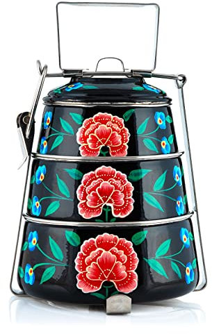 Tiffin pyramide à 3 étages peinte à la main - Peint avec amour par des artisans Kashmiri (noir)