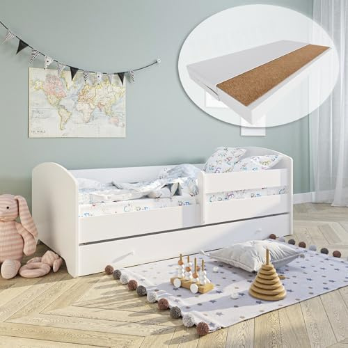Kids Collective Kinderbett 70x140 / 80x160 Komplett Set inkl. Matratze, Lattenrost, Schublade & Rausfallschutz | Einzelbett für Kinder von 2 – 10 Jahren | 70x140 cm | weiß