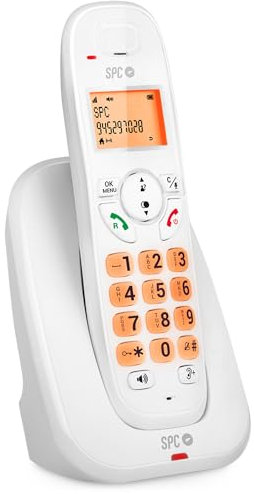 SPC Kairo - Téléphone Fixe sans Fil, Touches et écran éclairés, Identification de l'appelant, Volume Extra, compatibilité Gap, Mode écho, Blocage d'appel, Mains Libres, répertoire 30 Contacts – Blanc