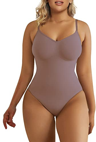SHAPERX Bodysuit for Women Seamless Body Shaper Tummy Control Shapewear Thong Adjustable Strap, UK-SZ5215-Umber-2XL/3XL