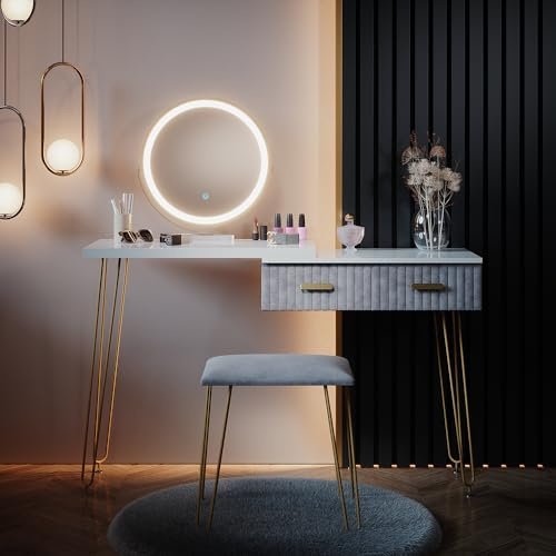 Vicco Schminktisch Zoey, Grau, 120 cm mit LED Beleuchtung und Hocker, mit LED-Beleuchtung und gepolstertem Sitzhocker