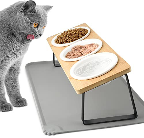 Otoomenz Cat Bowl, Ceramic Cat Food Bowls With 15° Tilted Wood Stand,Raised Cat Bowls for Food and Water, Bamboo Cat Feeding Station with Cat Food Mat for Cats and Puppy (3 Bowls with Stand)