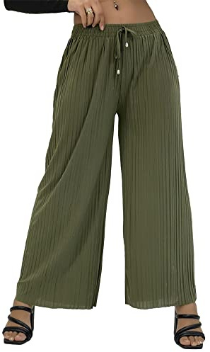 Damen-Palazzo-Hose, plissiert, weites Bein, elegant, lässig, Schwarz, Khaki, Mokka, Weinblau, Rosa, Senf, Marineblau, Grau, Nude, Größe S - XL