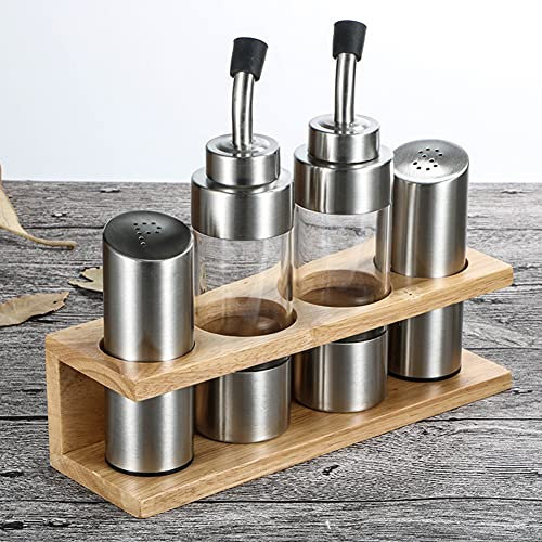 Öl- und Essigspender-Set,4-teiliges Menage-Set aus Edelstahl und Glas,Gewürzspender Set mit Holzregal,Beinhaltet 2 Öl-Essig-Menage-Flaschen, 2 Salz- und Pfefferstreuer,Glas-Gewürz-Set für Küche
