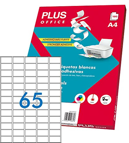 Plus Office - Etiquetas Autoadhesivas Blancas Para Imprimir, Pack De 100 Hojas Pegatinas Adhesivas De Papel En Hojas A4 Para Impresora Inkjet, Láser Y Fotocopiadoras, 65 Etiquetas Por Hoja (38x21,2mm)