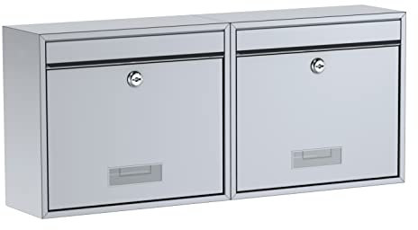 BASI Briefkasten 2er Set | Wandbriefkasten aus Stahl | Farbe Silber | mit Namensschild | Zylinderschloss mit 2 Schlüssel | inkl. Befestigungsmaterial | Briefkastenanlage | 2 Stück