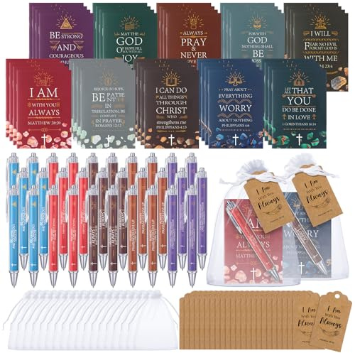 Qeeenar 200 Pcs Christian Gifts Bulk Sets Bible Verse Religious Ballpoint Pen and Notebook Gift Set with Thanks Tags Organza Bag Gift Bulk for Women Church Christian Party Favors(Multicolor,Classic)