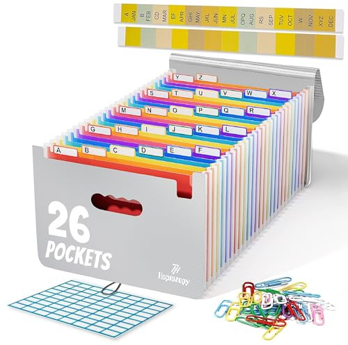 Filorganisatör, 26 mappar för pappersarbete A4 med klämmor, unik design, 34 x 25 x 4 cm kvalitet PP dokumentorganisatör, flik och elastisk sladdstängning levereras med etiketter, etiketter och