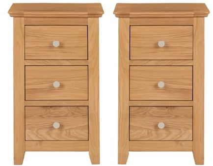 Hallowood Furniture Hereford Oak 3 Drawer Bedside Tables Set of 2 | Solid Wooden Slim Bedside Cabinets, Pre-Assembled Side Table, Small and Narrow Chest of Drawers for Bedroom or Living Room