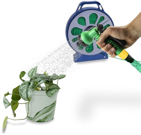 Avilia - Tubo Estensibile da Giardino 15m con Pistola 7 Getti e Dispenser - Tubo Acqua Giardino per Irrigazione, Lavaggio Auto o Pulizie - Avvolgimento Automatico e Raccordo Universale
