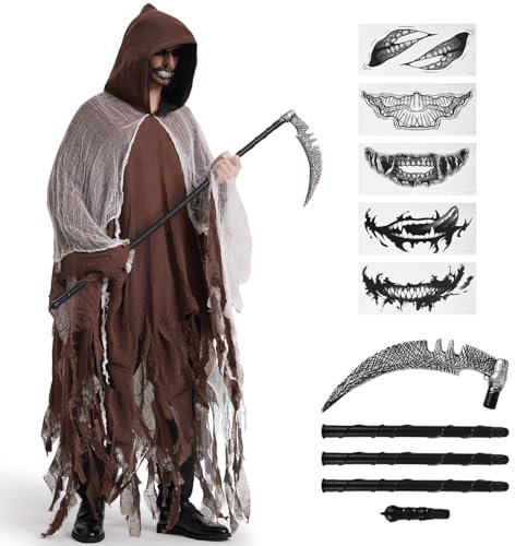 BuzzoXerex Costume da Tristo Mietitore Uomo, Mantello di Halloween con Cappuccio, Mantello Strappato con Cappuccio con Falci e Tatuaggio Adesivo Inquietante per Halloween, Carnevale (Marrone)