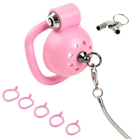 Cage de chasteté pour hommes avec 5 anneaux de queue et corde de traction,Cage de chasteté à tête ronde en ABS avec trous d'aération SM Bondage pénis extrême sextoys (Pink)