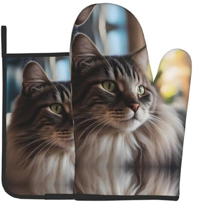 YYHWHJDE Set di 2 guanti da forno e presine con immagine di gatto, utilizzati per aprire i coperchi delle pentole in cucina e per trasportare piatti dal forno a microonde
