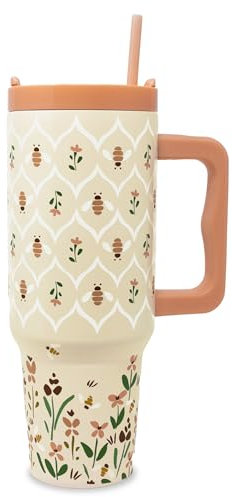 Steel Mill & Co - Vaso de acero inoxidable de 40 onzas con tapa y asa, botella de agua de viaje aislada/térmica para amantes de las abejas, vaso grande, abejas