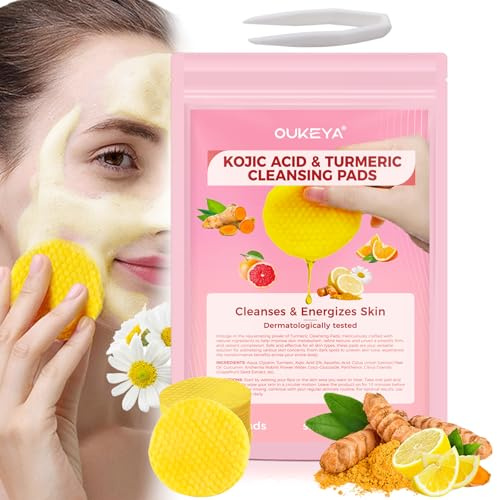 OUKEYA Dischetti Viso alla Curcuma e Acido Kojic, 40 Pezzi Esfolianti Delicati Dischetti Acido Cogico e Turmeric, Idratanti e Lenitivi Toner Pads per Pulizia Viso
