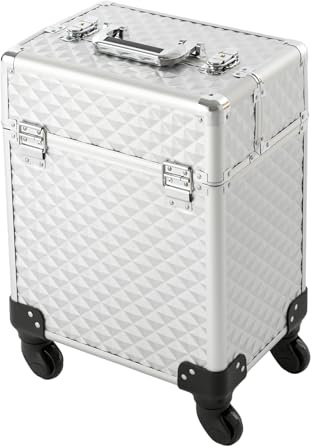 Mallette de maquillage professionnelle avec roulettes et plateau de rangement pliable, clé à roulettes pour voyage et travail (34 x 24 x 41 cm), argent métallique