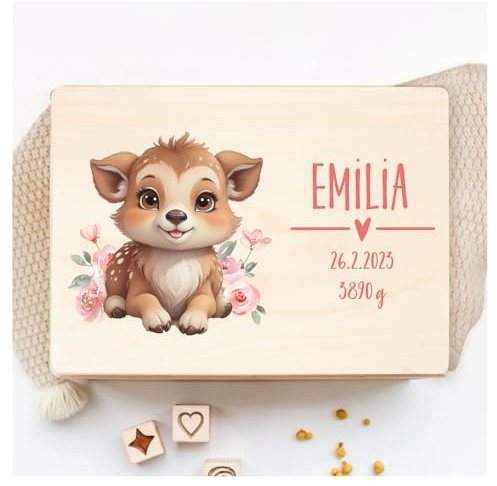 Little Deco Personalisierte Erinnerungskiste Baby Holzkiste | L - 40 x 30 x 22 cm | Waldtiere REH Geschenk Geburt Aufbewahrungskiste Geburtstag Spielzeugkiste für Mädchen XHL1009-02