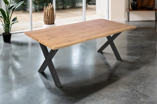 SAM Esstisch Josy | 200 x 100 cm | Holz Wildeiche-Optik | X-Gestell Metall schwarz | 40 mm Tischplatte mit Baumkante | Tisch für Esszimmer & Küche