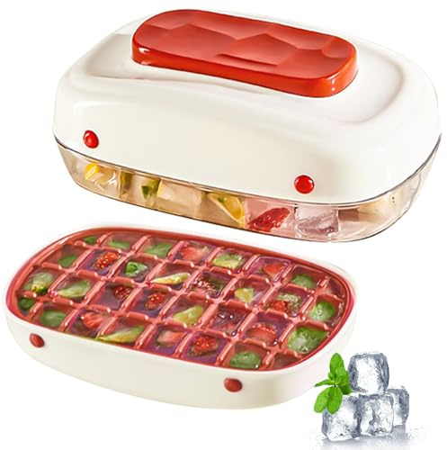 UptVin Ice Cube Tray with Lid, Press Type Ice Moulds for Quick Ice Release Ice Cube Moulds for Freezer 32 Ice Cube Tray, Odor-Free, Space-Saving for Cocktails Whiskey Coffee (Red)