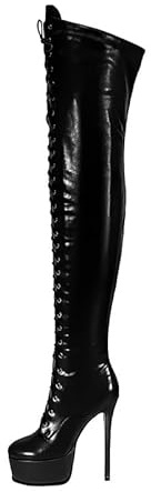 Meinabsatz Damen Plateau Overknees Stiletto Boots Schnürstiefel Elegante Stiefel Schenkelhoch Sky High Heels Lederoptik Schwarz 36 EU