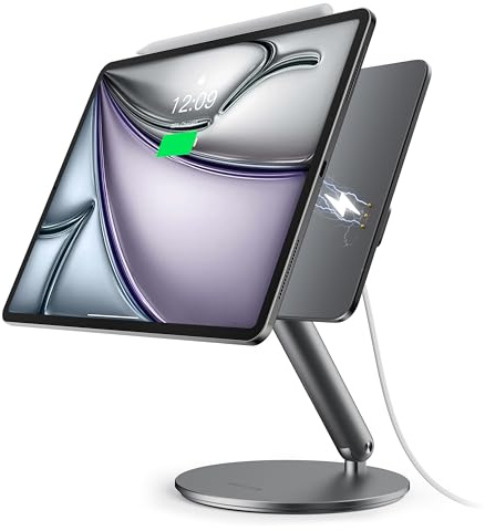 LULULOOK [Upgrade Magnetic Stand for iPad Pro 11 4th/3rd/2nd/1st M2(2024), iPad Air 11 M3(2025)/M2 5/4th, Wireless Charging 360°Adjustable Foldable Aluminium Tablet Stand for Home, Kitchen, Office
