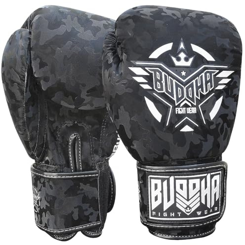 BUDDHA FIGHT WEAR Gants de boxe thaïlandais, muay thaïlandais, kick boxing, cuir synthétique, tissu intérieur résistant aux odeurs, différents designs (Army noir, 300 ml)