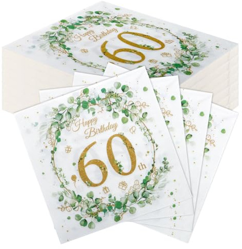 60 Stück Komoke Geburtstagsservietten Happy Birthday in Eukalyptus Grün | Servietten 60. Geburtstag Deko für Mädchen & Jungen | Party Tischdeko für Feiern | Zahlen-Design Servietten (33x33 cm)