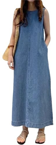 Jeansklänningar för kvinnor 2025 Casual Denimklänning utan ärm Sommar Lösa Jeansklänningar Maxi Längd Tankklänning
