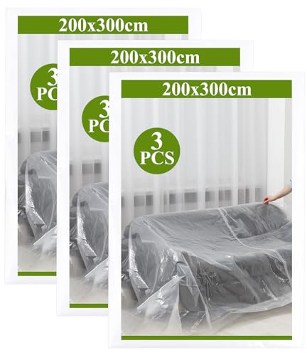 CYEER 3 PCS Plastic Sofa Covers 200×300cm Clear Furniture Covers | Heavy-Duty Dustproof and Waterproof Sofa Protector for Pets, Moving, Storage and Dust Protection