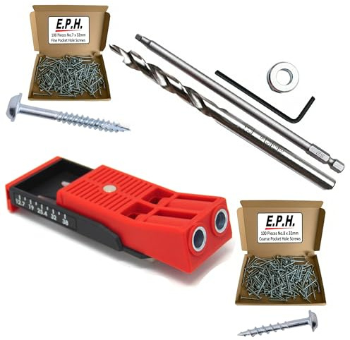 E.P.H. Pocket Hole Starter Kit + 200 Pocket Hole Screws - Twin Hole Jig, Drill Bit, 150mm #2 Driver