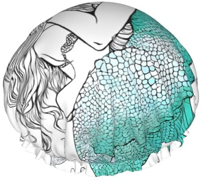 Retro Mermaid -Print Extra Large Waterproof Shower Cap-Double Layer Protection For Long/Curly Hair - Reusable & Travel Friendly.
