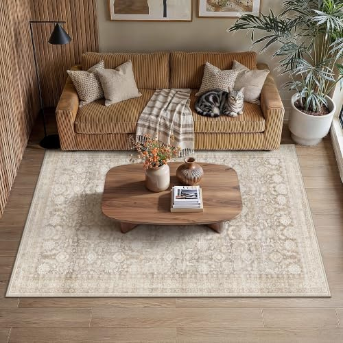 PureCozy Waschbarer Beige Teppich Wohnzimmer 120x170cm Vintage Tepich | Kurzflor Rutschfest,Weich Boho Retro Carpet,Leicht,Schlafzimmer,Esszimmer,Kinderzimmer,Büro