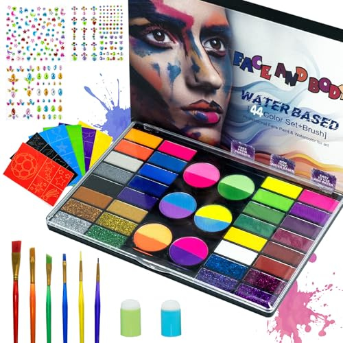 kinderschminken Set - 44 Gesicht Farbe Schminke Fuer Kinder Und Erwachsene Wasserbasierte Schminkpalette Professionelle Hautfarben Ungiftig für Halloween Party Karneval Weihnachten
