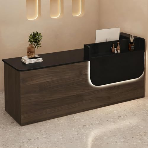 Bancone Reception in Legno Massello con Cassetto e Mobiletto Chiudibili a Chiave, Illuminazione a LED e Spazio di Archiviazione, Lunghezza 100–240 cm, Ideale per Ufficio, Salone, Hall e Negozio