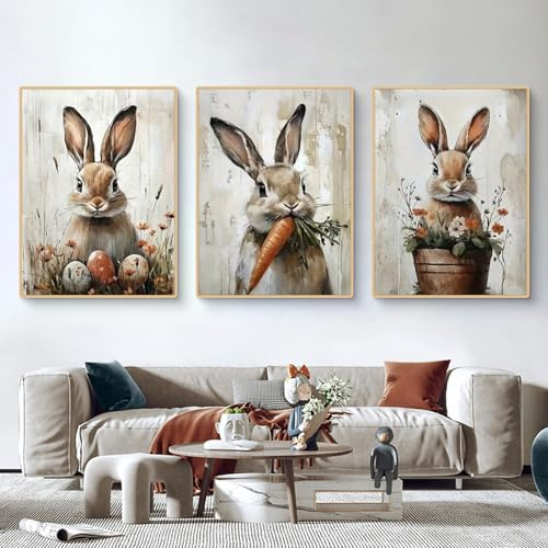 TROYSINC 3er Vintage Ostern Bilder Set, Niedlichen Hasen, Eiern & Karotten Wandbilder Set Poster & Kunstdrucke, Bilder Kinderzimmer Deko Babyzimmer, Geschenk Mädchen Jungen, Ohne Rahmen (50x70cm,ABC)