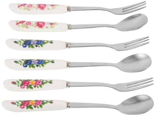 LIFKOME Juego de 6 Cucharas y Tenedores para Postre y Aperitivos Acero Inoxidable Mango de Cerámica y Utensilios Multifuncionales para Pasteles y Fiestas