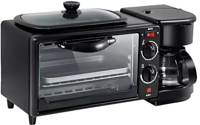 4-in-1 Breakfast Station with 7L Mini Oven, 4-Cup Coffee Maker, Non-stick Griddle and Toaster Function, Compact Multifunction Breakfast Center for Apartments