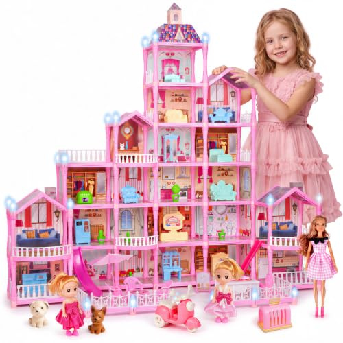 BAZADER Casa delle Bambole per Bambini, 6 Piani 23 Stanze, 465 Accessori | Grande Castello Casetta Giocattolo Principessa Multistanza con Scivolo Animali Domestici Veicoli Earredi Bambini Bimba 3 Anni