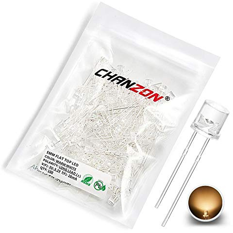 CHANZON 100 pcs 5mm Warm White LED Diode Lights (Clear Transparent Flat Top 3000K DC 3V 20mA) Bright Lighting Bulb Lamps Electronics Components Light Emitting Diodes